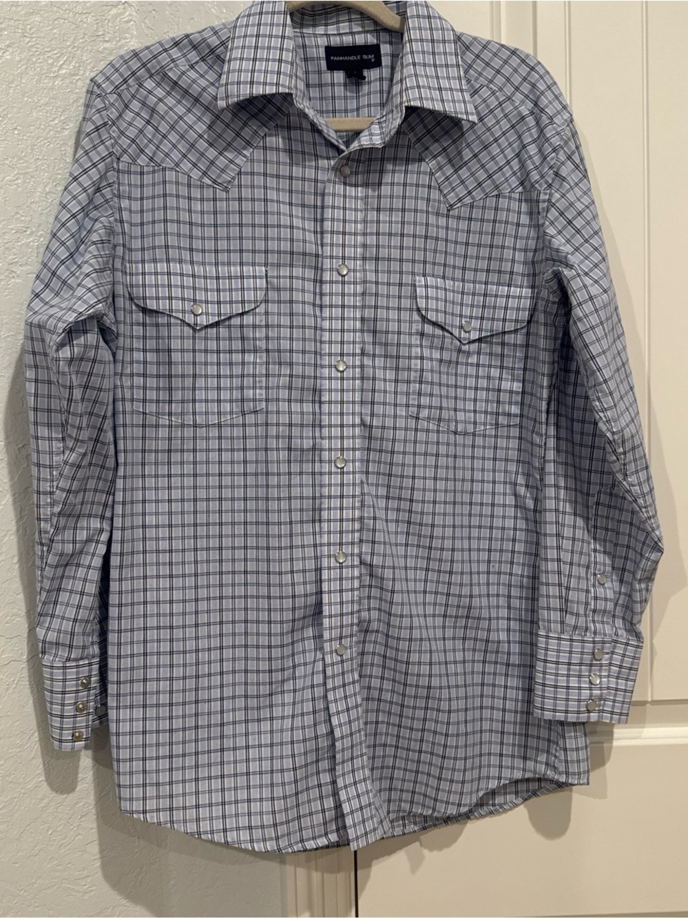 Panhandle Slim Men’s Light Blue and White Plaid Western Button-Down Shirt